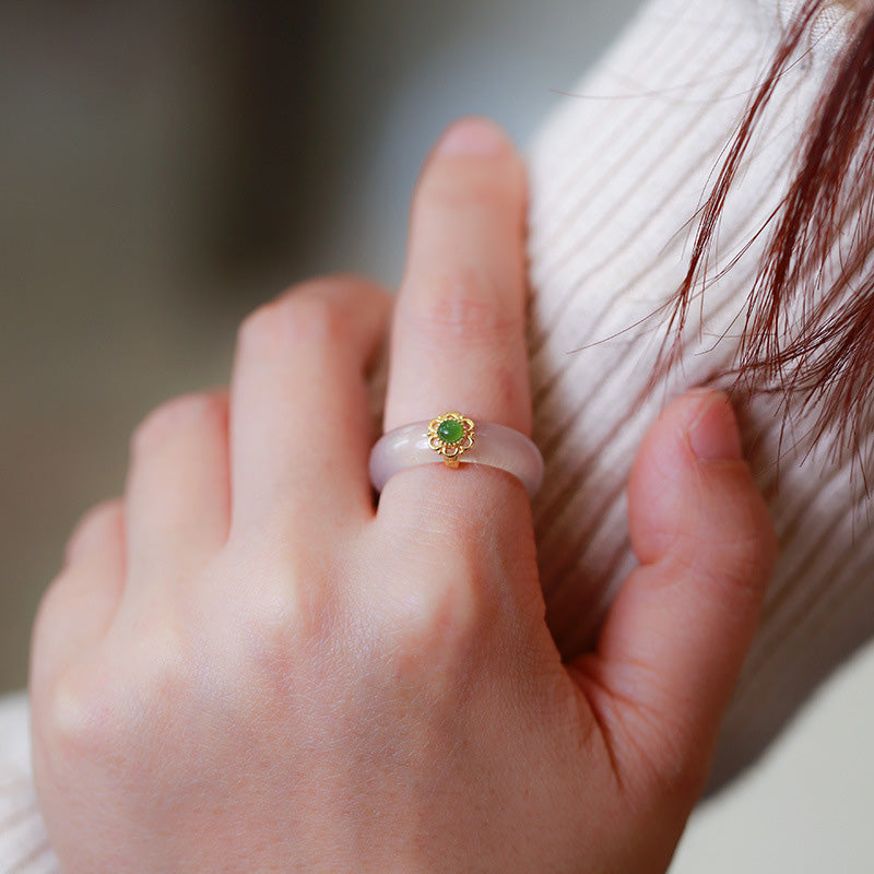 Wear FengShui White Agate Cyan Jade Turquoise Red Agate Luck Protection Ring