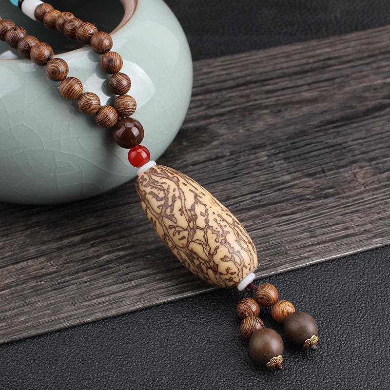 Wear FengShui Tibetan Wenge Wood Bodhi Seed Agate Balance Peace Necklace Pendant