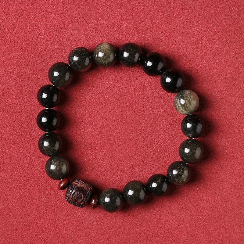 Wear FengShui Natural Gold Sheen Obsidian Rainbow Obsidian Om Mani Padme Hum Fu Character Healing Bracelet