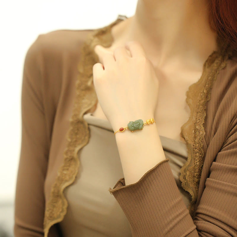 Wear FengShui Cyan Jade PiXiu Copper Coin Red Agate Success Chain Bracelet