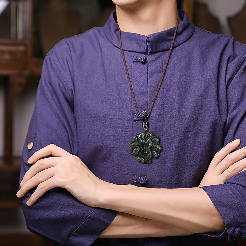 Wear FengShui Hetian Cyan Jade Nine Tailed Fox Luck Necklace String Pendant