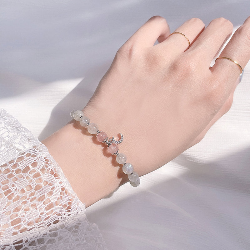 Wear FengShui Strawberry Quartz Moonstone Luck Moon Charm Bracelet