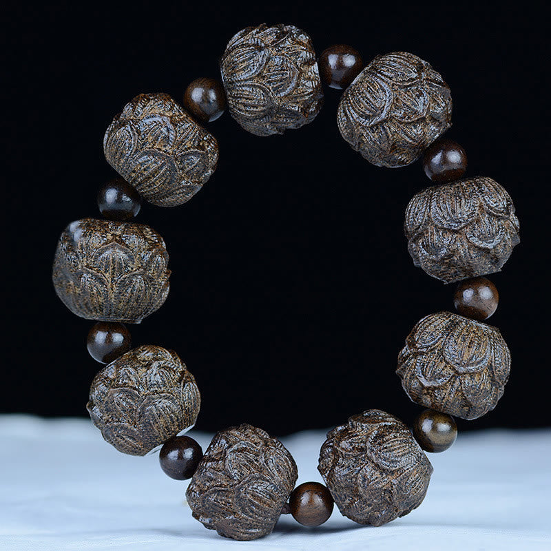 Wear FengShui Ebony Wood Eighteen Arhats Lotus Dragon Engraved Balance Bracelet
