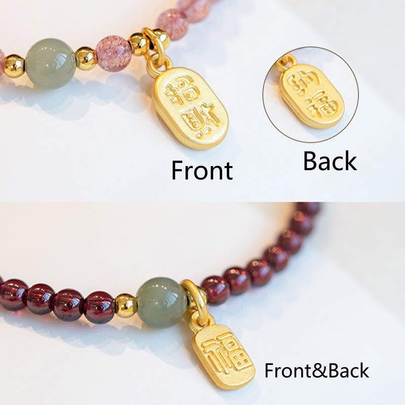 Wear FengShui Natural Strawberry Quartz Garnet Jade Lucky Fortune Fu Character Healing Charm Bracelet