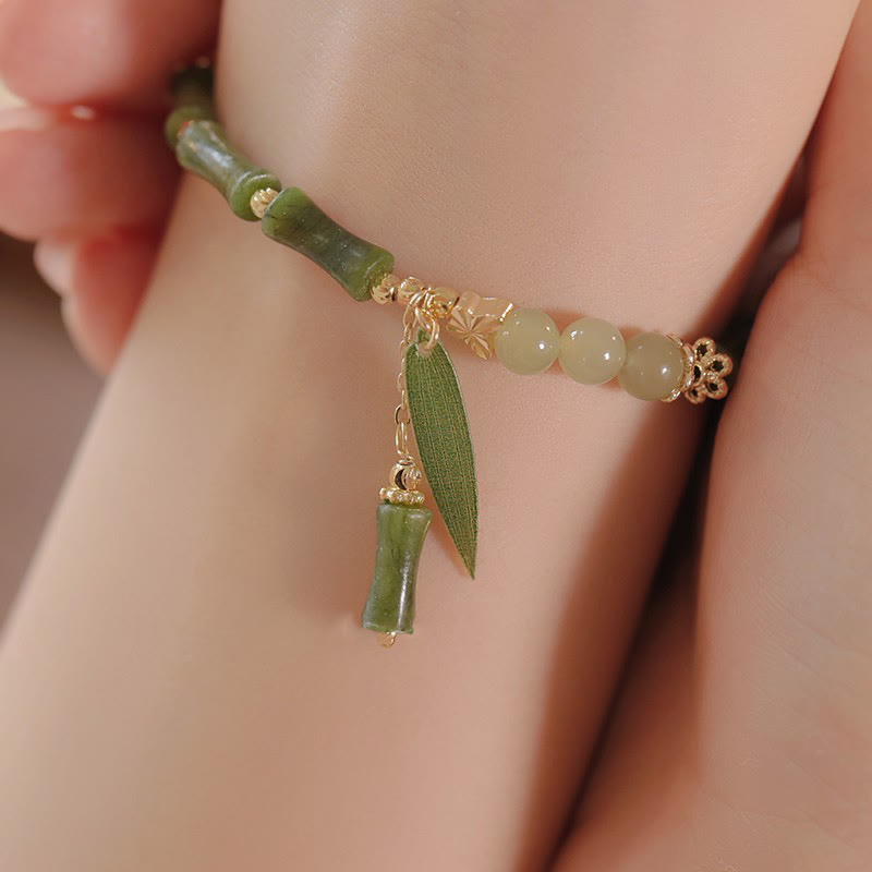 Wear FengShui Jade Bamboo Leaf Lily Of The Valley Pattern Luck Abundance Bracelet