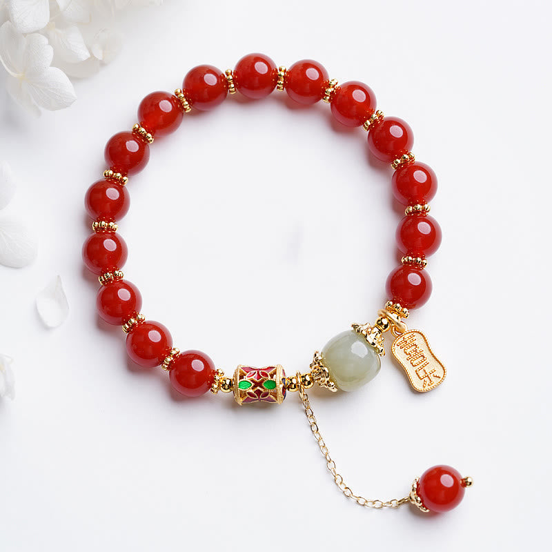 Wear FengShui Natural Red Agate Hetian Jade Fu Character Confidence Charm Bracelet