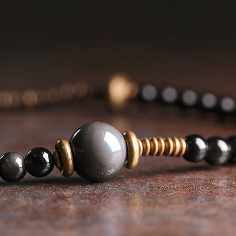 Wear FengShui Rainbow Obsidian Ebony Wood Copper Positive Multilayer Bracelet