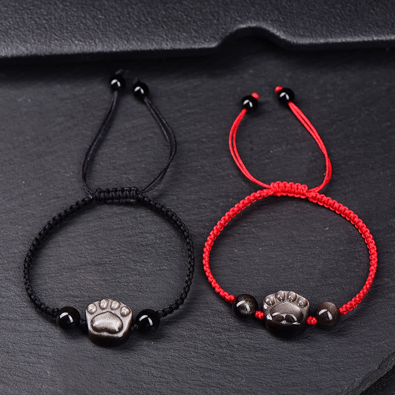Wear FengShui Natural Silver Sheen Obsidian Gold Sheen Obsidian Cute Cat Paw Claw Protection Rope Bracelet