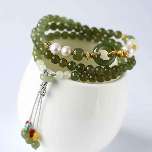 Wear FengShui Hetian Jade Pearl Peace Buckle Luck Wealth String Bracelet