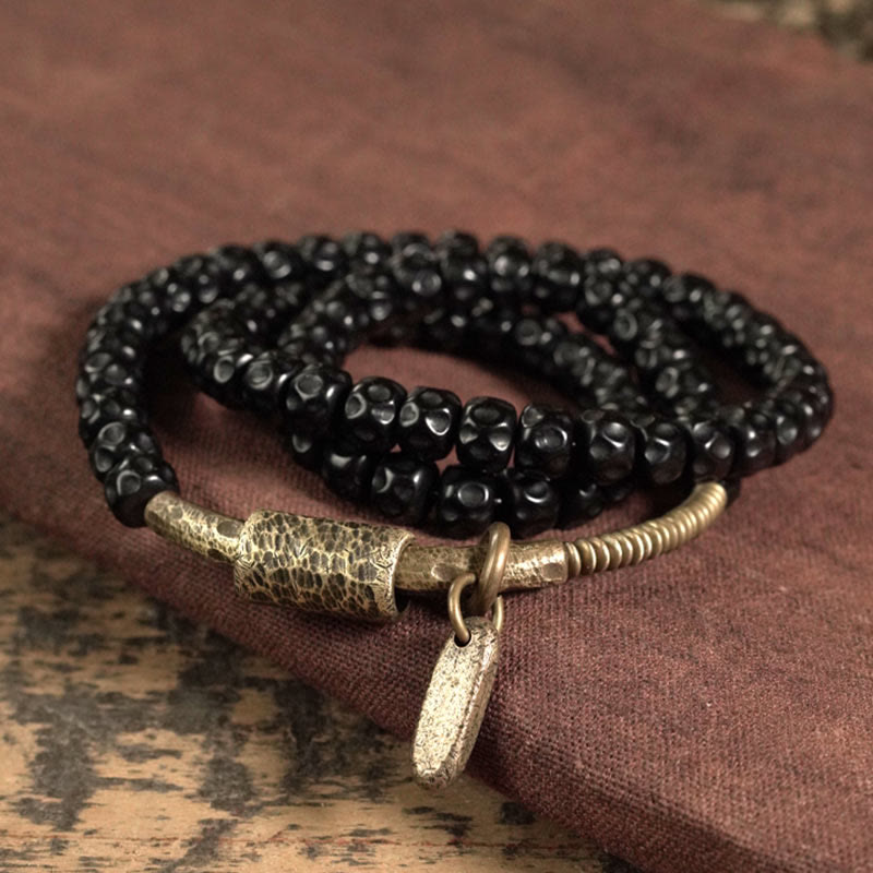 Wear FengShui Retro Coconut Shell Brass Copper Happiness Triple Wrap Bracelet
