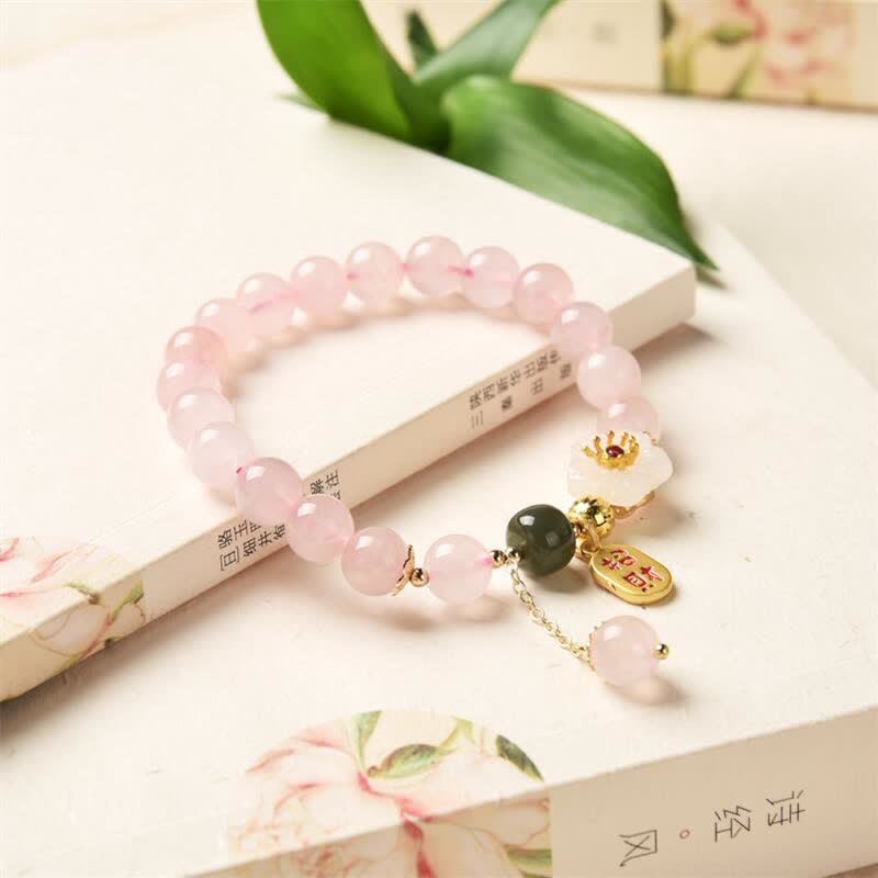Wear FengShui Natural Pink Crystal Jade Flower Warm Love Bracelet