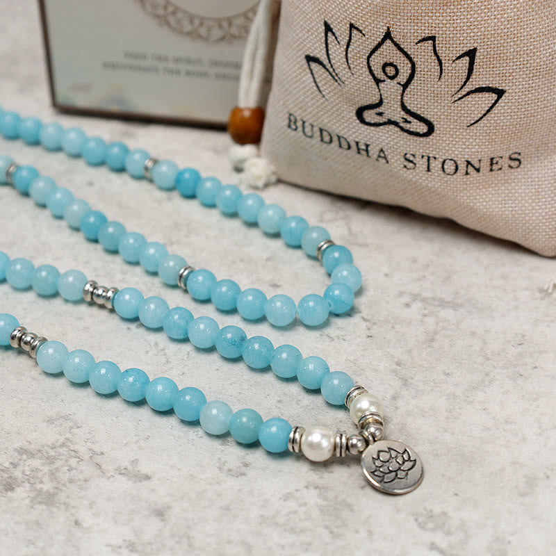 Wear FengShui Natural Amazonite Stone Healing Lotus Mala Bracelet