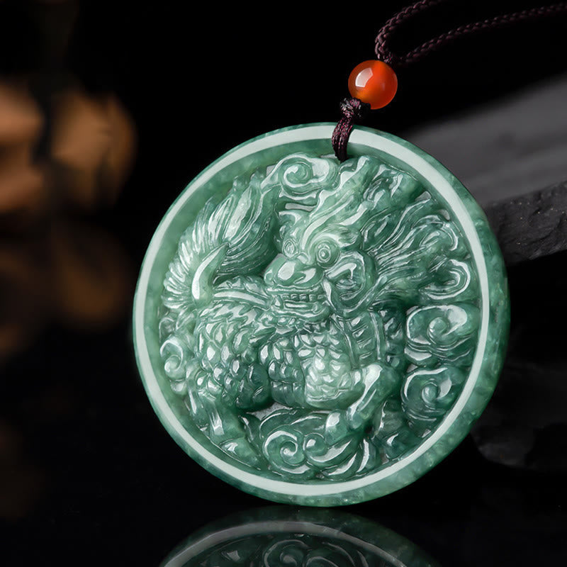 Wear FengShui Natural Jade Kirin Abundance String Necklace Pendant