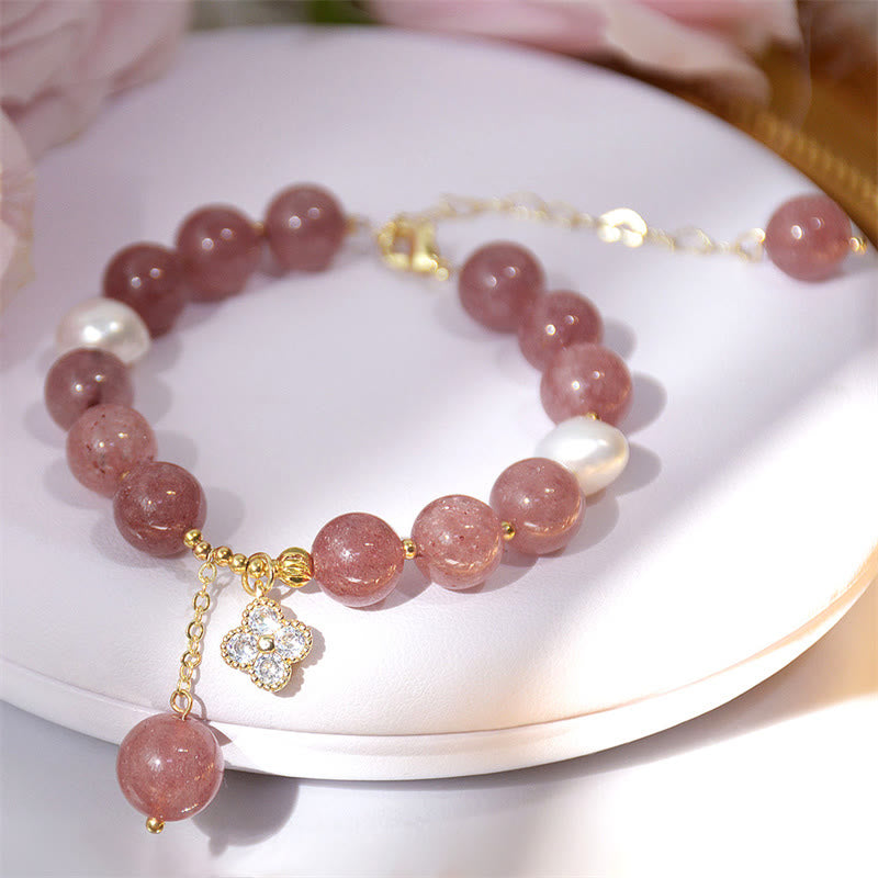 Wear FengShui Natural Strawberry Quartz Pearl Four Leaf Clover Love Bracelet