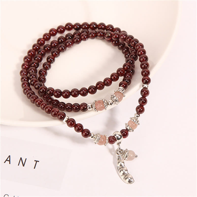 Wear FengShui Natural Garnet Strawberry Quartz Green Beans PiXiu Protection Triple Wrap Bracelet