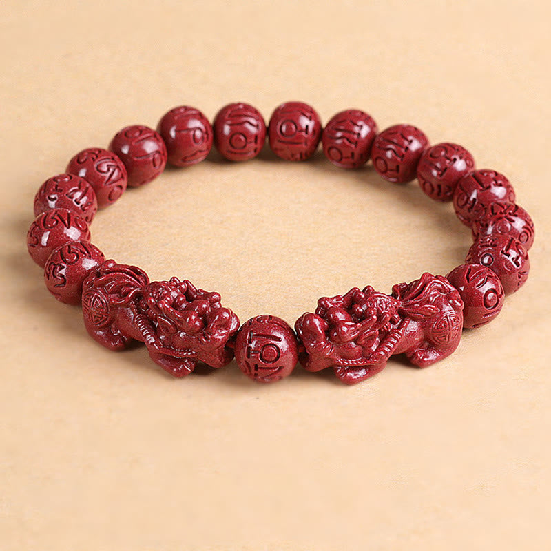 Wear FengShui Natural Double PiXiu Cinnabar Om Mani Padme Hum Wealth Luck Bead Bracelet