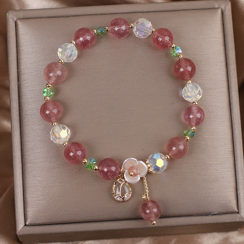 Wear FengShui Strawberry Quartz Rutilated Quartz Fluorite Flower Healing Bracelet