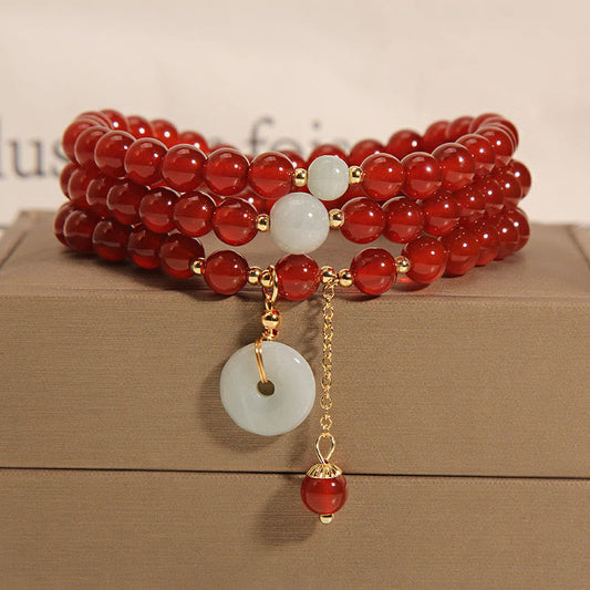 Wear FengShui Natural Red Agate Jade Peace Buckle Calm Triple Wrap Bracelet
