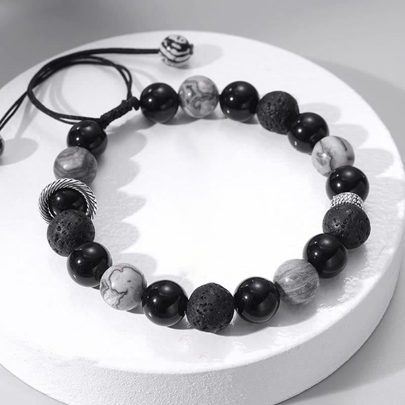 Wear FengShui Vintage Lava Rock Black Obsidian Picasso Jasper Beads Support Rope Bracelet