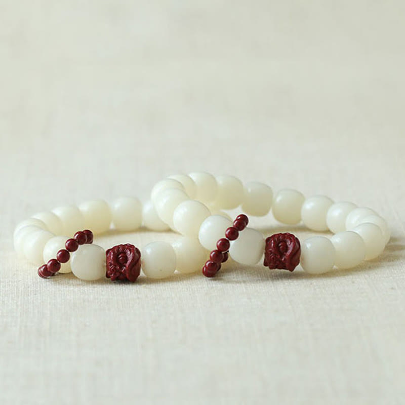 Wear FengShui Natural Bodhi Seed Cinnabar Dancing Lion Charm Wisdom Harmony Wrist Mala