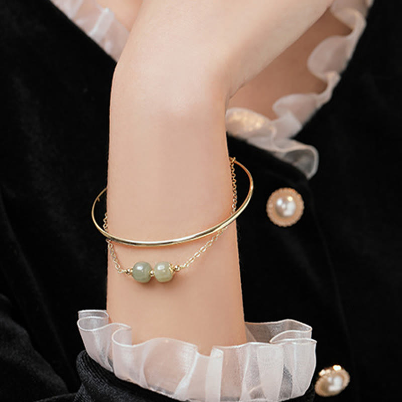 Wear FengShui Copper Plated Gold Hetian Jade Bead Luck Double Layer Bracelet Bangle