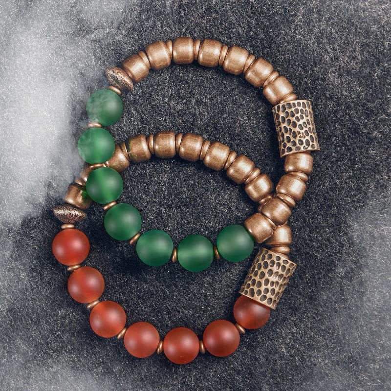 Wear FengShui Tibetan Red Agate Green Agate Copper Confidence Fortune Bracelet