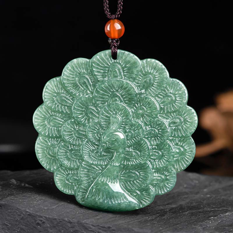 Wear FengShui Natural Jade Peacock Luck Prosperity Necklace Pendant
