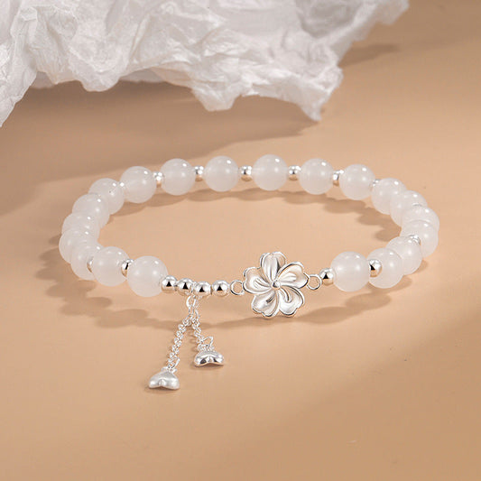 Wear FengShui White Jade Peach Blossom Petals Flower Luck Bracelet