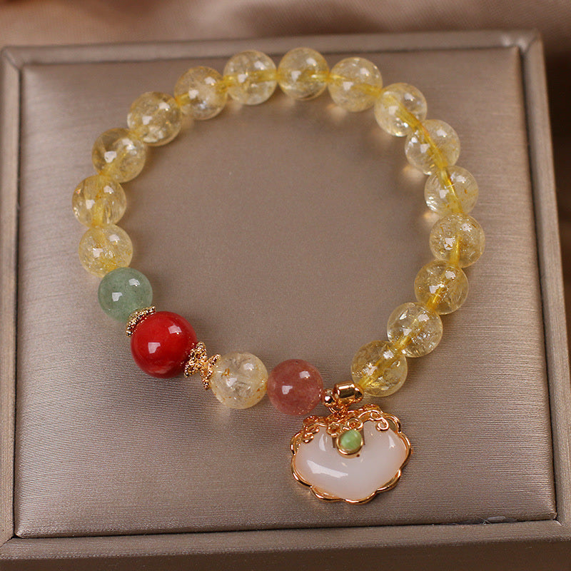 Wear FengShui Natural Citrine White Jade Strawberry Quartz Protection Charm Bracelet