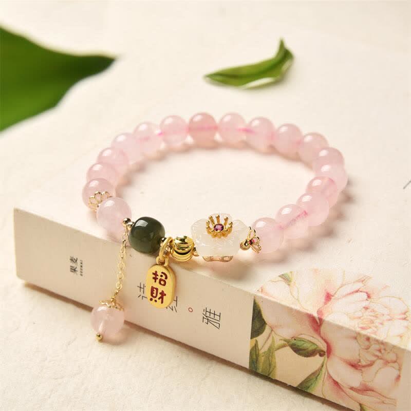 Wear FengShui Natural Pink Crystal Jade Flower Warm Love Bracelet