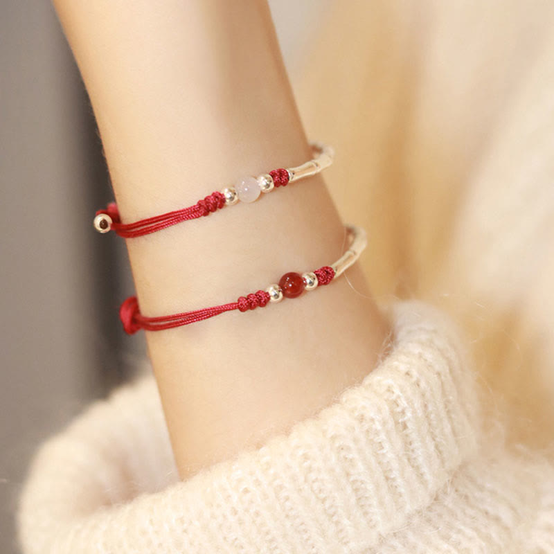 Wear FengShui 925 Sterling Silver Bamboo White Agate Red Agate Bead Protection String Braided Bracelet