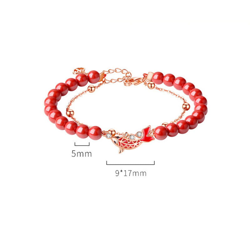Wear FengShui 925 Sterling Silver Lucky Koi Fish Cinnabar Zircon Prosperity Double Layer Chain Bracelet