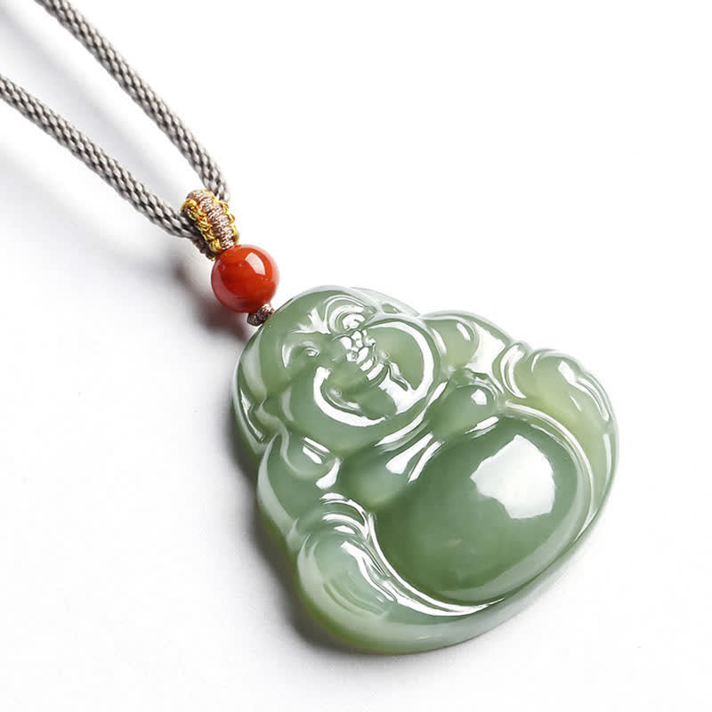 Wear FengShui Laughing Buddha Hetian Jade Abundance Necklace String Pendant