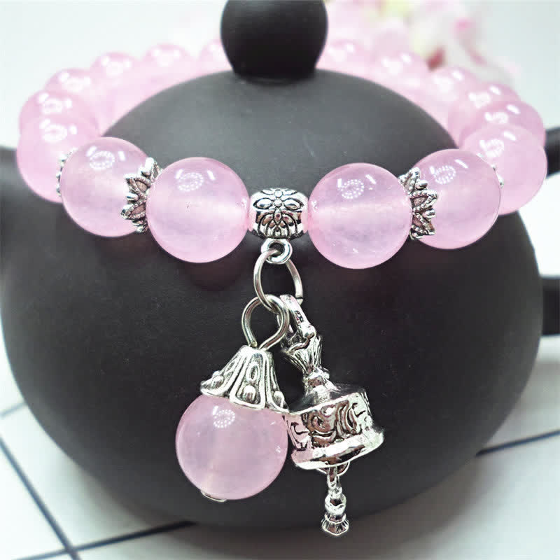 Wear FengShui Vintage Crystal Chalcedony Stone Energy Beaded Bell Charm Bracelet