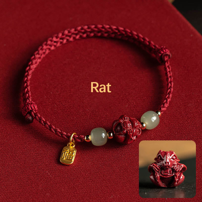 Wear FengShui Natural Cinnabar Chinese Zodiac Hetian Jade Fu Character Luck Rope Bracelet