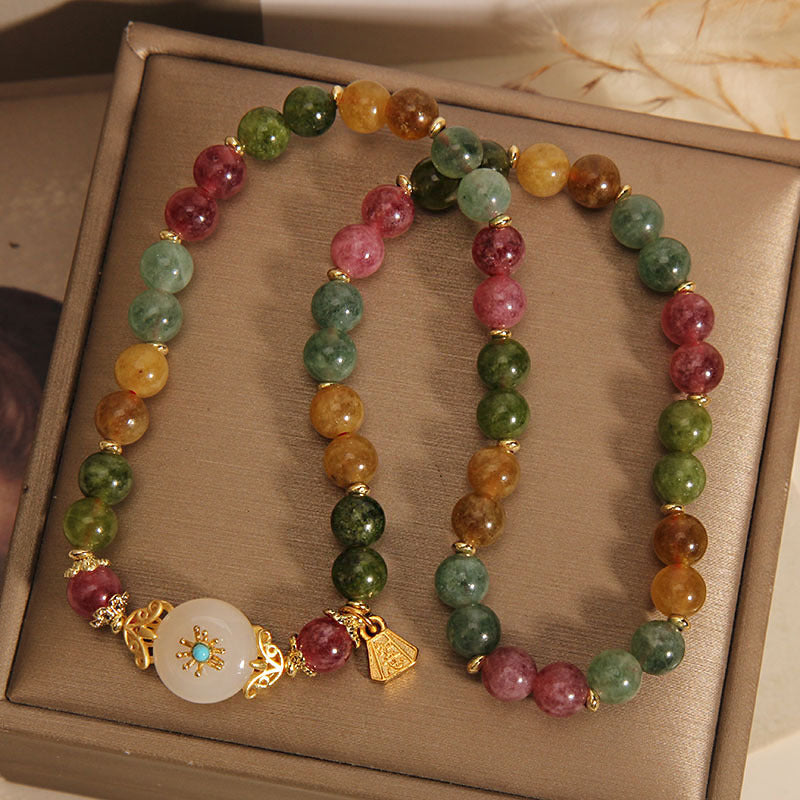 Wear FengShui Natural Multicolored Tourmaline Positive Jade Flower Double Wrap Bracelet