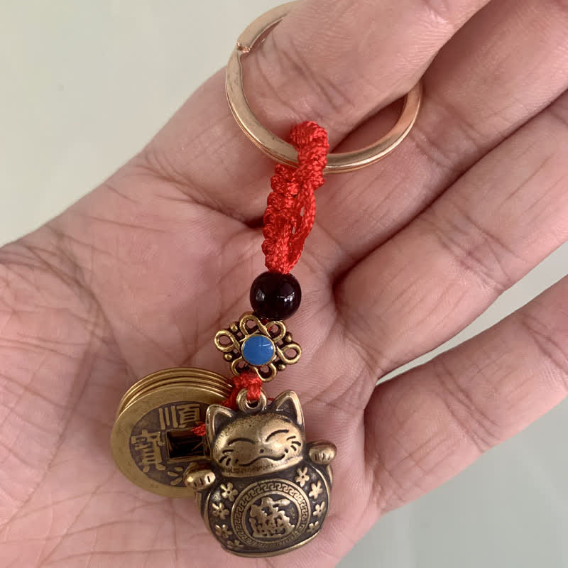 Wear FengShui Feng Shui Five Emperor Coins Lucky Cat Money Wealth Keychain