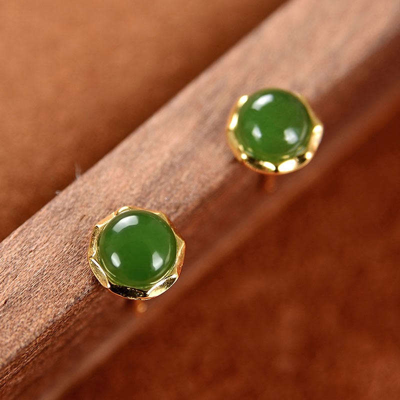Wear FengShui 925 Sterling Silver Plated Gold Natural Hetian Cyan Jade Bead Luck Stud Earrings