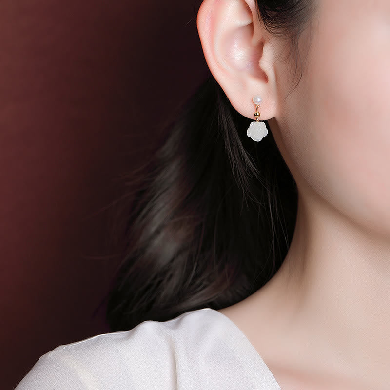 Wear FengShui 925 Sterling Silver Plated Gold Jade Rose Flower Cyan Jade Pearl Luck Earrings