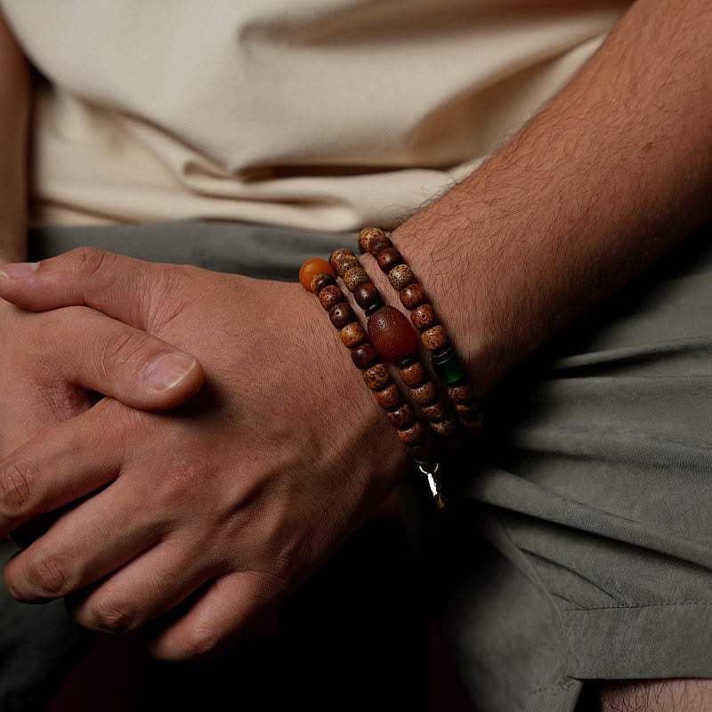 Wear FengShui Tibetan Bodhi Seed Amber Dzi Bead Agate Zakiram Goddess of Wealth Beads Triple Wrap Bracelet