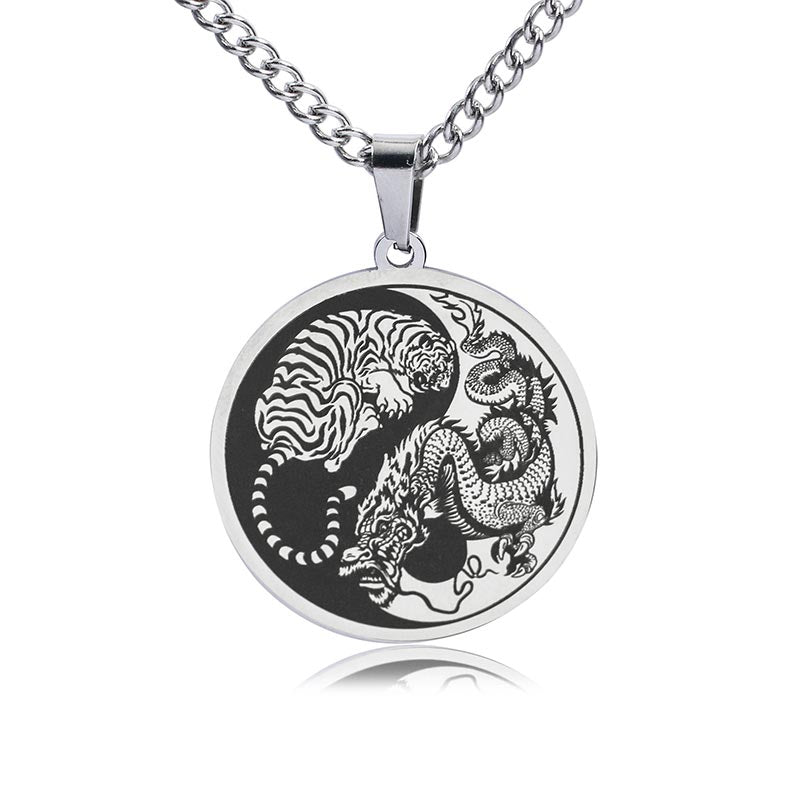 Wear FengShui Tiger Dragon Titanium Steel Chain Necklace Harmony Pendant