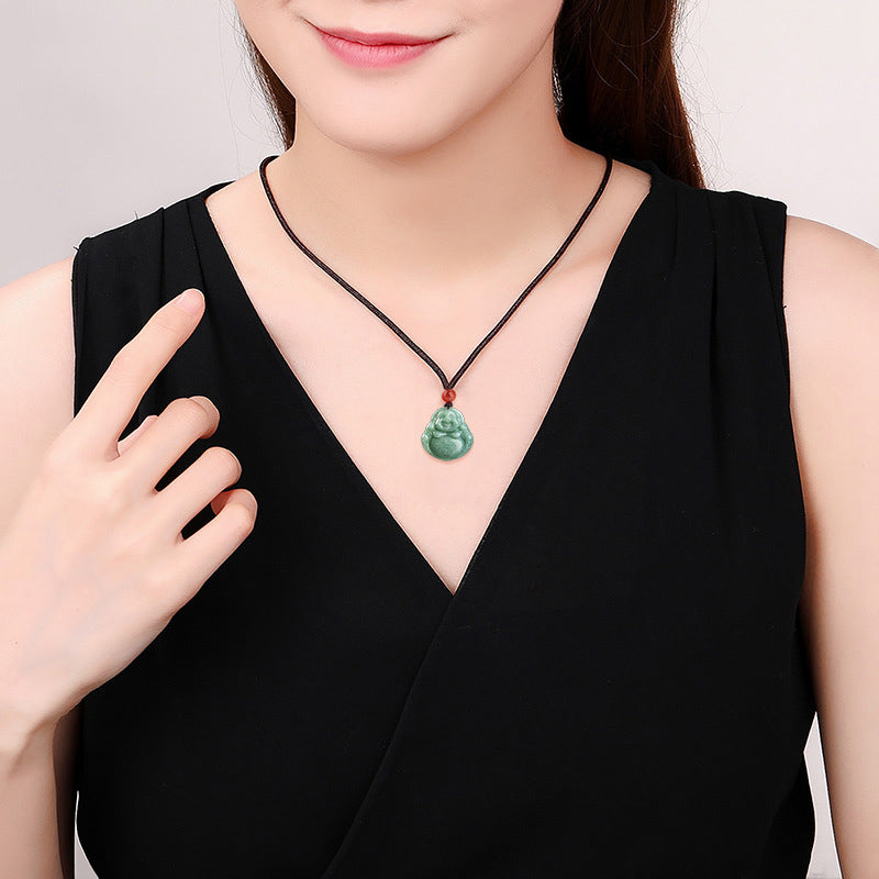 Wear FengShui Laughing Buddha Cyan Jade Success Necklace String Pendant