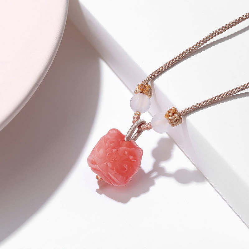 Wear FengShui Natural Silver Sheen Obsidian Red Agate Dancing Lion Protection Necklace Pendant