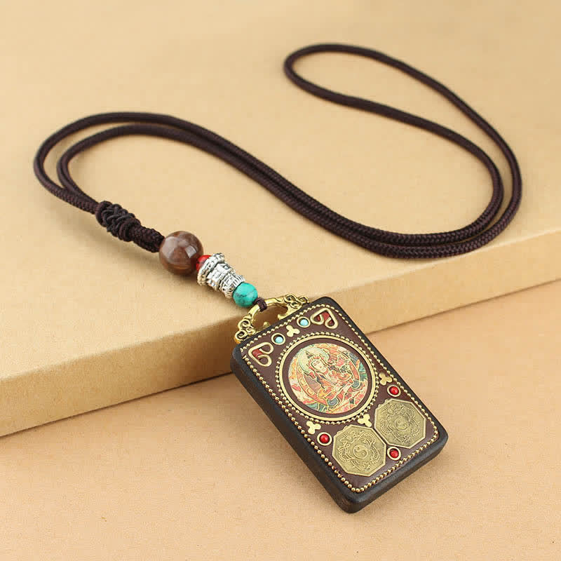 Wear FengShui Tibet God of Wealth Thangka Ebony Peace Necklace Pendant