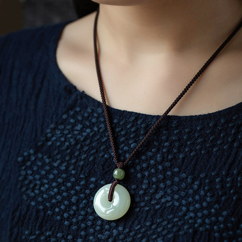 Wear FengShui Natural Round Jade Peace Buckle Luck Prosperity Necklace Pendant
