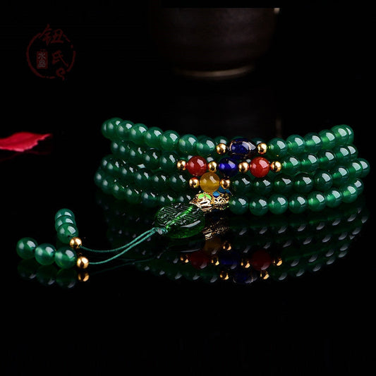 Wear FengShui 108 Mala Beads Natural Green Agate Power Support Bracelet