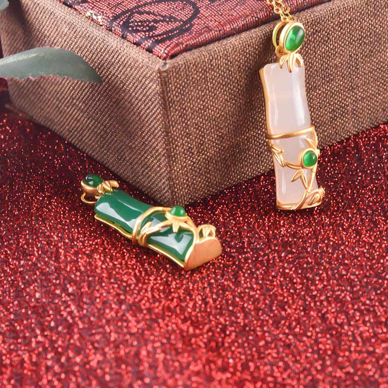 Wear FengShui White Jade Cyan Jade Bamboo Protection Necklace Pendant
