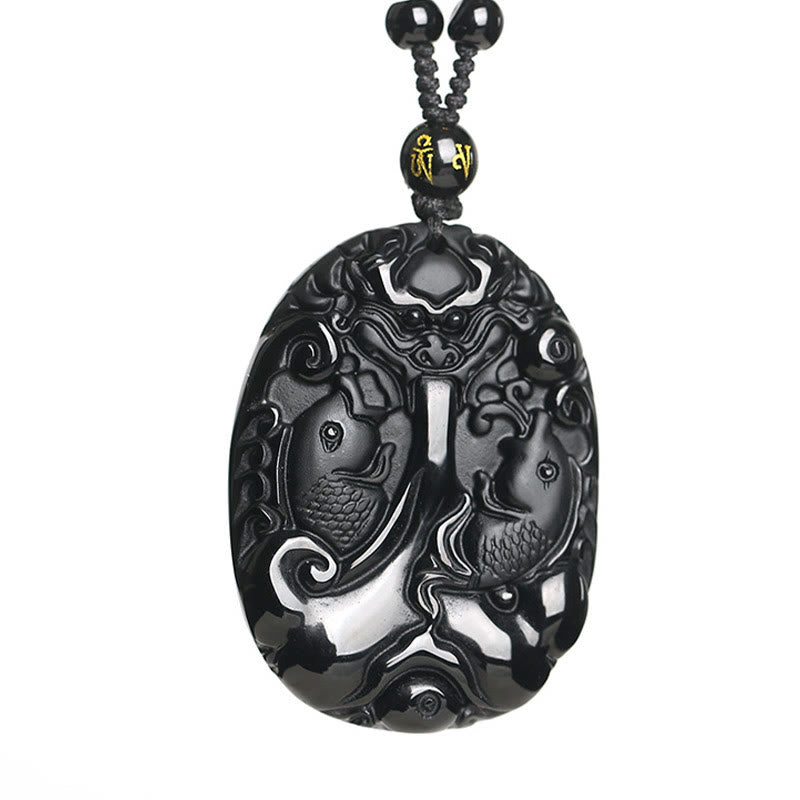 Wear FengShui Black Obsidian Koi Fish Bead Rope Fulfilment Strength Necklace Pendant
