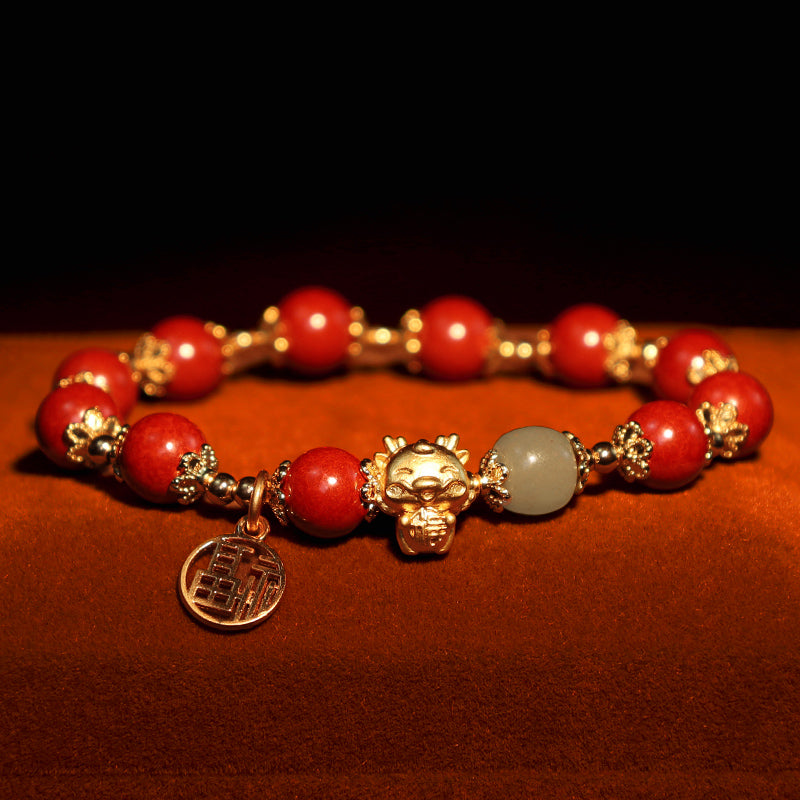 Wear FengShui Year of the Dragon Natural Cinnabar Fu Character Charm Blessing Bracelet