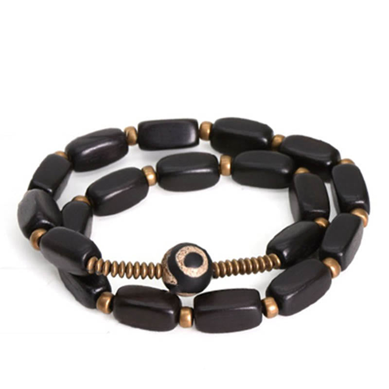 Wear FengShui Tibet Ebony Wood Dzi Bead Copper Balance Double Wrap Bracelet